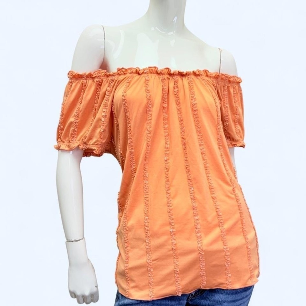 Y2K Off Shoulder Milkmaid Top Peach Coral Puff Sleeve Fairycore Blouse Large - Picture 2 of 8